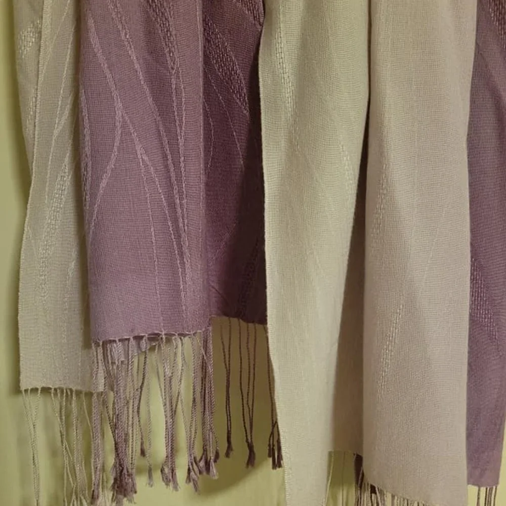 Merino Wool Fashion Scarf (Ivory & Purple) with Tassels (EUC; never worn)